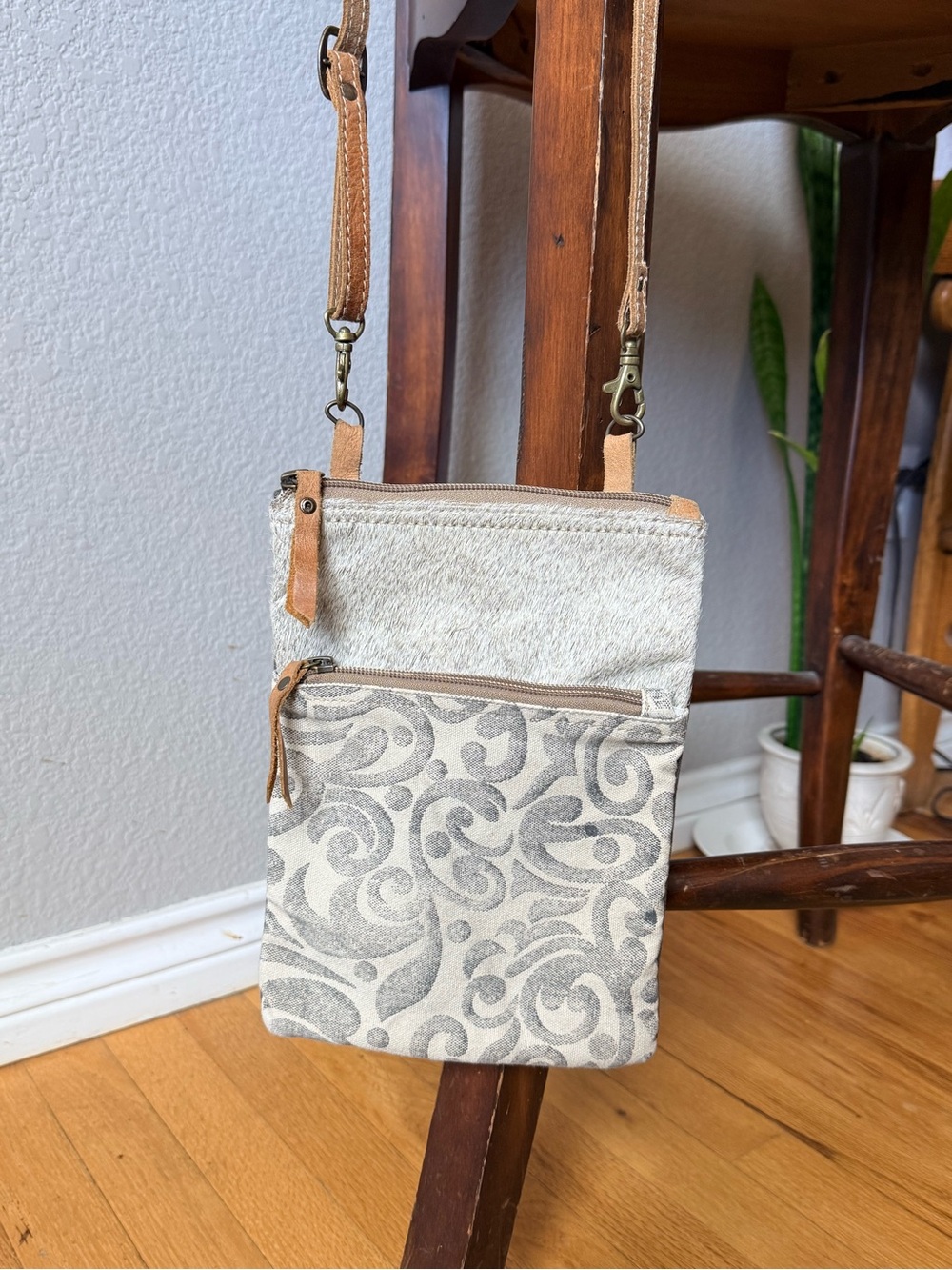 Myra Bag Cream and Gray Patterned Crossbody with Cowhide Leather & Cotton Carve